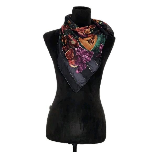 Vtg Unbranded Hand Rolled Still Life Floral Fruit Square Silk Scarf 30x30 In - Picture 2 of 5